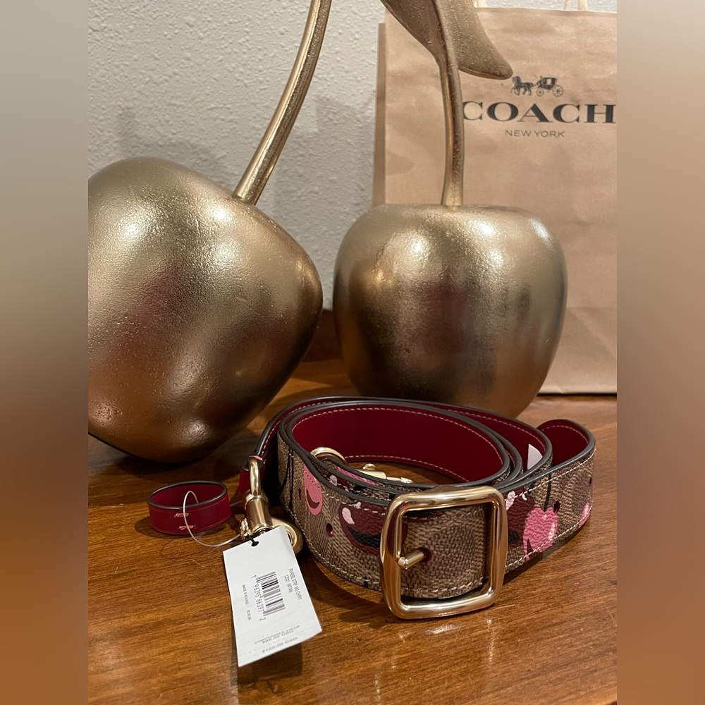 COACH NWT Reversible Strap In Reversible Canvas With Cherry Print Gold/Tan Multi